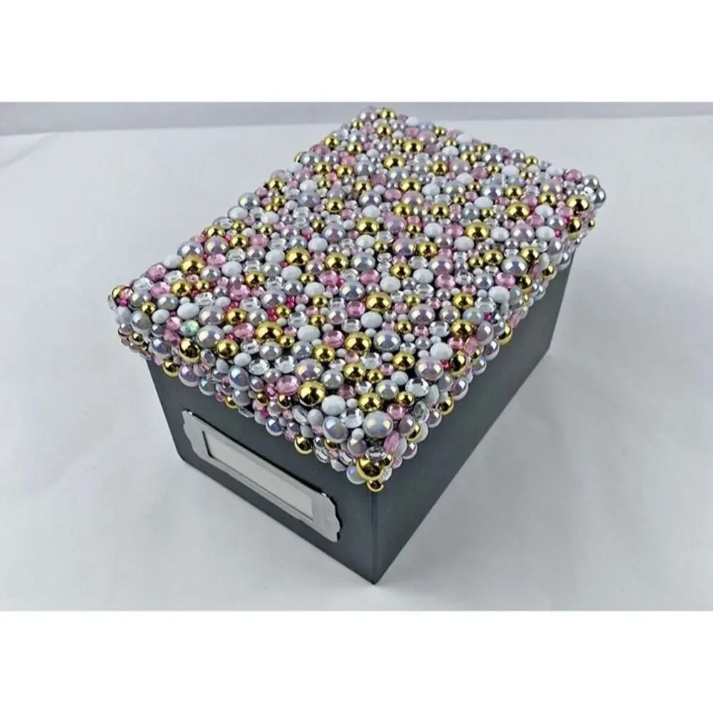 Handmade Keepsake Trinket Box Beaded Rhinestones Embellished & Lid